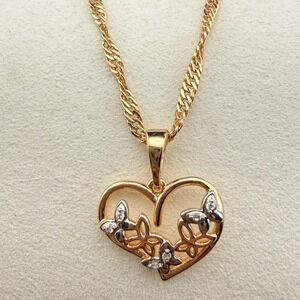 XP Gold Tone Heart Butterfly Filigree Pendant Chain Necklace